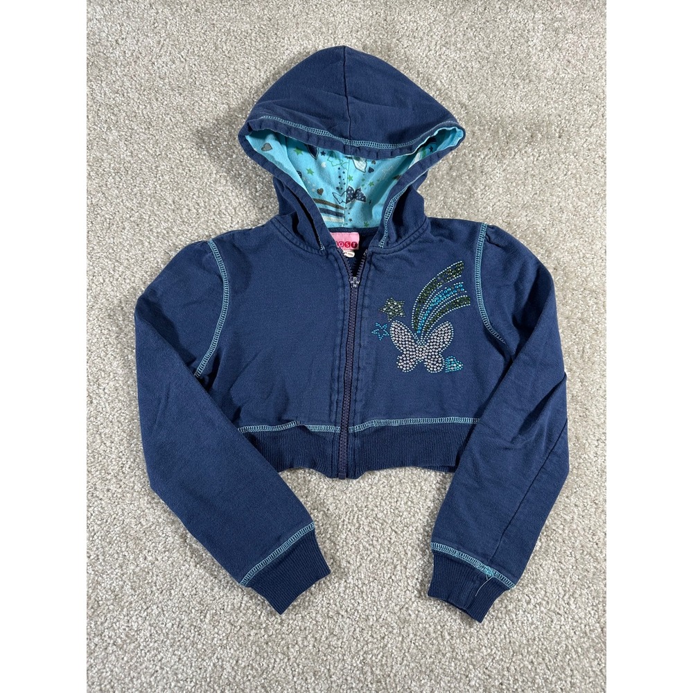 MOST Girls Navy Blue Cropped Zip Up Hoodie Rhinestone Butterfly Size Medium